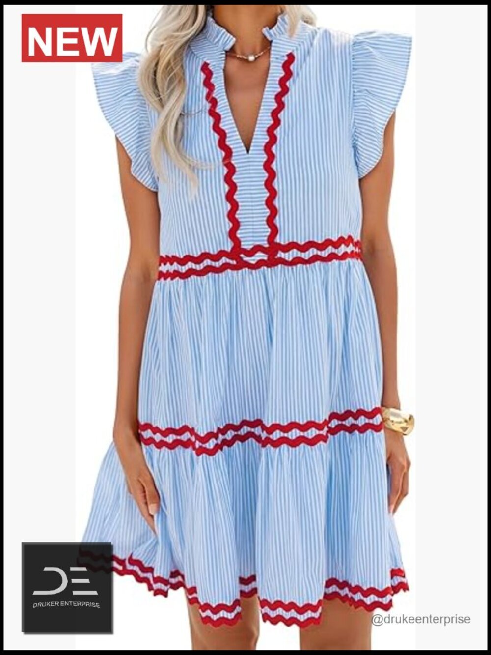 Womens V Neck Flutter Sleeve Striped A Line Mini Sundress Summer Casual Beach